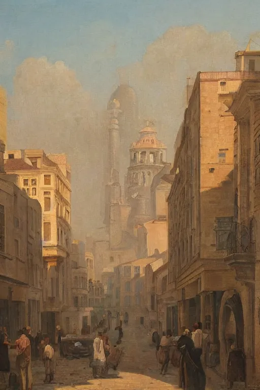 Prompt: painting of view of old European city with mix of vicotris houses and middle eastern architecture fusion, photoreal, sunlit morning smog , painting by Charles Leickert , old master painting