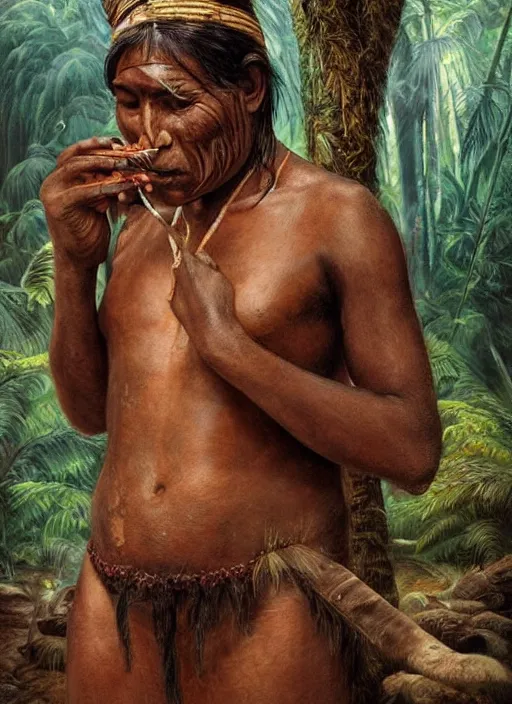 Image similar to a beautiful portrait of an indigenous man taking rapé in the jungle, taking tobacco snuff, fantasy art, matte painting, highly detailed