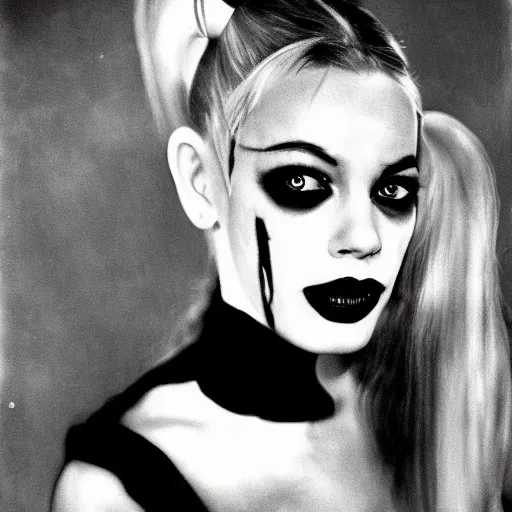 Image similar to Harley Quinn, realistic, portrait, black and white photography, 1960