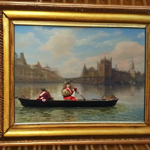 Prompt: 🚣🐃🥣🇬🇧🏖, victorian painting, realistic photo, illustration