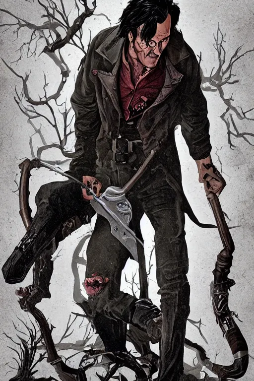 Image similar to bruce campbell as ash in sleepy hollow, full body, big two toned eyes, teeth gritted, horror, intricate details, cinematic, epic, realistic, anatomy, tomer hanuka, uplight, artstation, photorealistic, scary