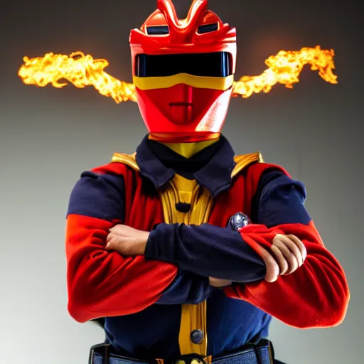 Prompt: professional photo fire man power ranger!!! studio lighting, very detailed, unreal engine, canon photo!!!!, professional lighting, good composition, rule of thirds, winning award photo, real, fire man power ranger, heat and chest shot