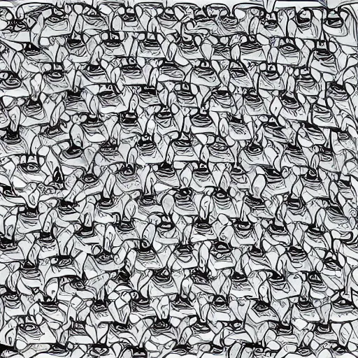 Prompt: a pattern of white wolves transitioning to black geese by mc escher intricate details. goose, geese black, wolves, canine species black, hexagonal pattern, mathematical interlocking, puzzle, screen print, lithography, frameless