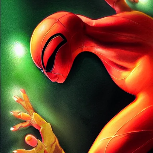 Image similar to an orange and green spiderman by artgerm