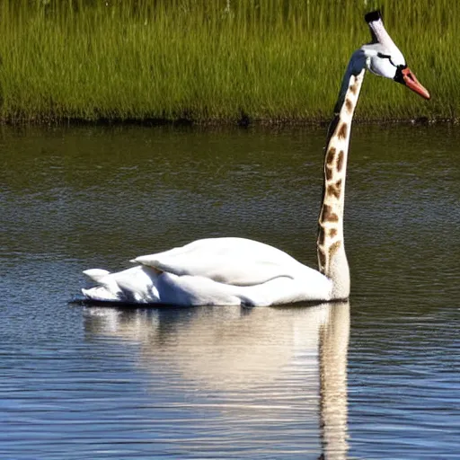 Prompt: swan with head of a giraffe, floating on water