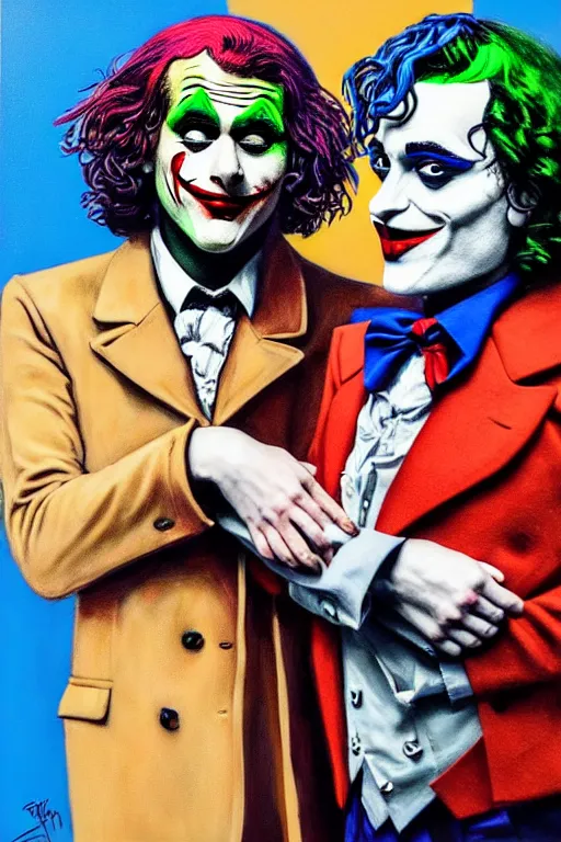 Image similar to ilya yefimovich repin and mimmo rottela and banksy as joaquin phoenix skinny joker, holding hand, lady gaga harley queen, ultra photorealistic, intricate details, pop art style, concept art, confident posse, random object details, 3 colours, warm color, 4 k, ultra smooth, sharp focus