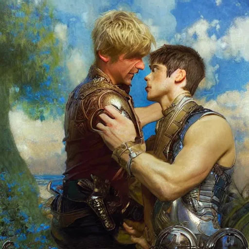 Image similar to attractive arthur pendragon confesses his love to attractive male merlin. highly detailed painting by gaston bussiere, craig mullins, j. c. leyendecker 8 k