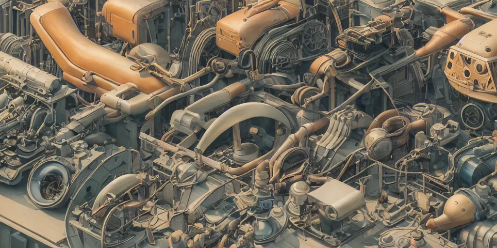 Image similar to collection of exploration of form and shapes, moebius, engine, props, hard surface, panel, simon stalenhag, kitbash, items, gadget, big medium small, close up, vehicles, futuristic, parts, machinery, greebles, insanely detailed, case, hardware, golden ratio, wes anderson color scheme, in watercolor gouache detailed paintings, sleek design, clear