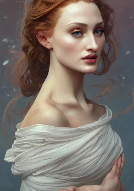 Image similar to sansa angeline jolie, intricate, elegant, highly detailed, digital painting, artstation, concept art, smooth, sharp focus, illustration, art by artgerm and greg rutkowski and alphonse mucha and william - adolphe bouguereau