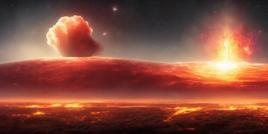 Image similar to a beautiful award-winning photo of god, being the last mind in a dead universe, serene post-nuclear background, a huge nuclear cloud, fire, cosmic horror, depression, intricate details, volumetric lighting, haze, very high quality, extremely detailed, subtle visual noise, hyperrealistic, 8K