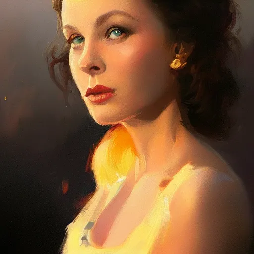 Image similar to closeup portrait of a young vivian leigh, chiaroscuro, city background, golden hour, dramatic lighting, high detail, painted by greg rutkowski, painted by igor kieryluk, trending on artstation