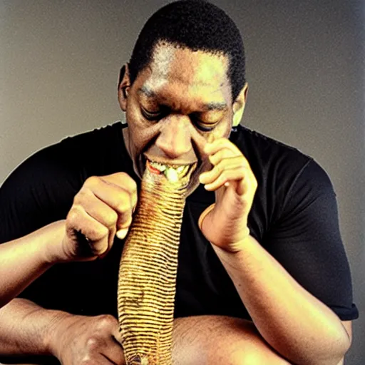 Image similar to john coltrane snuggling a giant mealworm