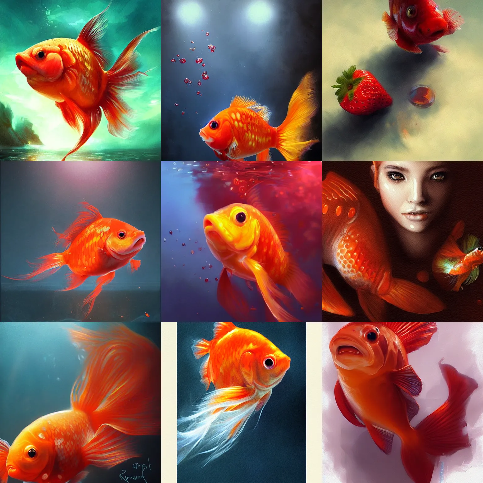 Prompt: portrait of a goldfish, strawberry, magical, art by greg rutkowski and artgerm