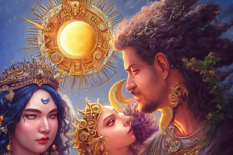 Image similar to close up moment of a divine a sun god and a moon goddess lovers magician at a wedding banquet, highly detailed, d & d, fantasy, highly detailed, digital painting, trending on artstation, concept art, sharp focus, illustration, art by artgerm and greg rutkowski and magali villeneuve