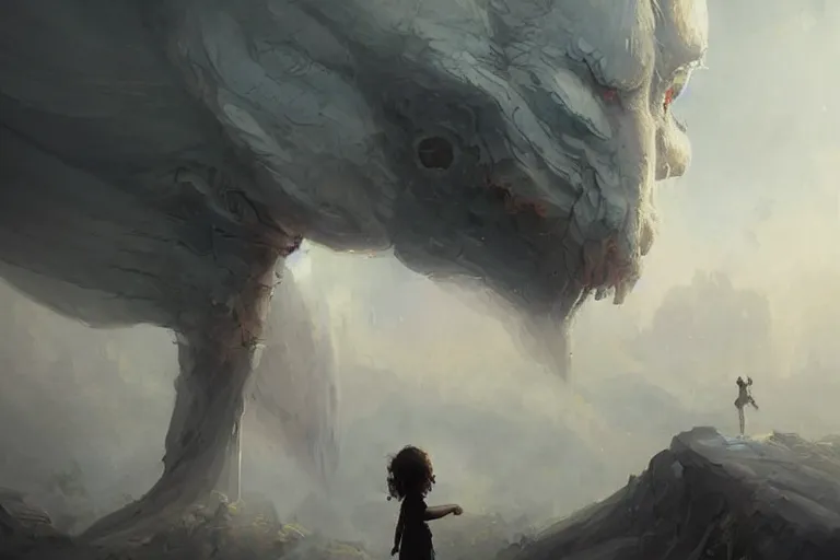 Image similar to a beautiful terrifying pale humanoid giant looms over a tiny human. ethereal fantasy art by greg rutkowski