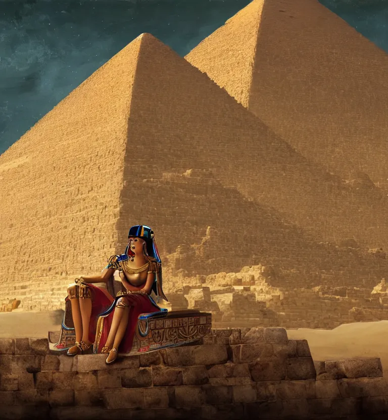 Image similar to a concept painting showing cleopatra on her throne at top of the great pyramid of giza. good quality, good light, anatomically correct, digital art, artstation 8 k