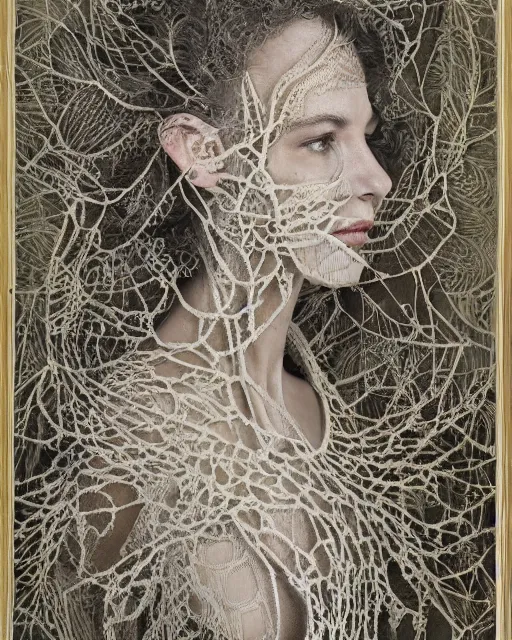 Image similar to a woman's face entwined in a coral reef, made of intricate decorative lace leaf skeleton, in the style of the dutch masters and gregory crewdson, dark and moody