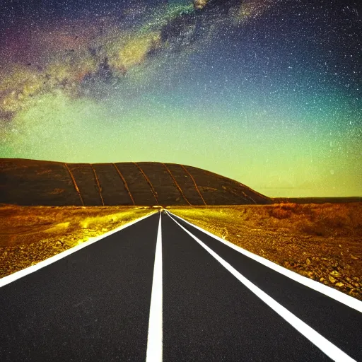 Prompt: an endless road to nowhere under a starry night sky