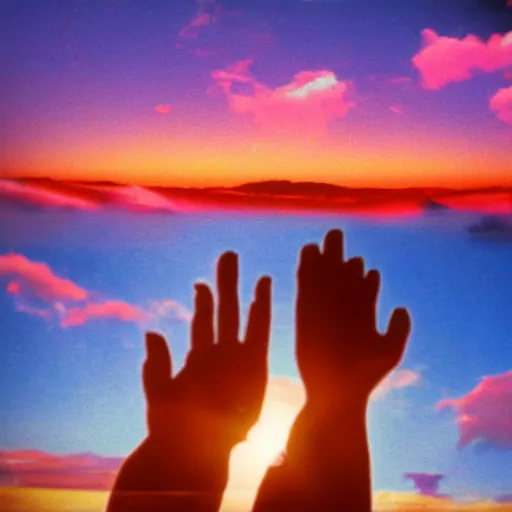 Prompt: vhs video of a couple holding their hands, vhs artifacts, old, 1 9 7 9, nostalgic, sunset, sky, clouds