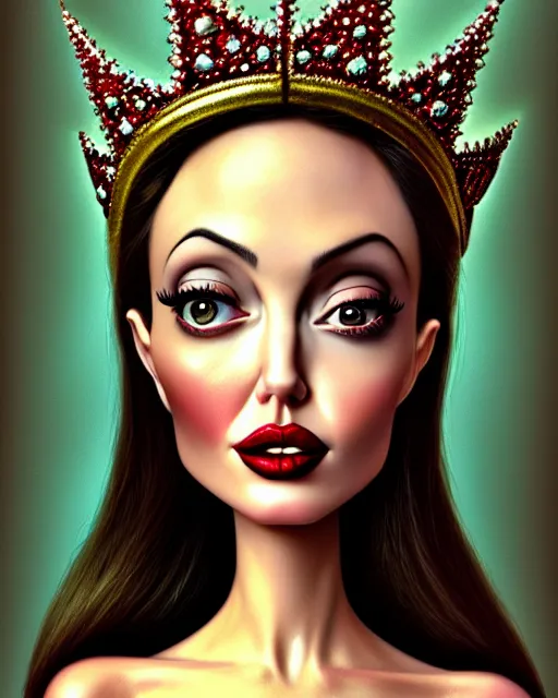Image similar to closeup profile portrait of a tin toy angelina jolie as a fairytale princess wearing a crown and sitting on a throne, bikini, hyper realistic, artstation, illustration, nicoletta ceccoli, mark ryden, lostfish, max fleischer, digital paint, matte paint, vivid colors, bright, cheerful, detailed and intricate environment