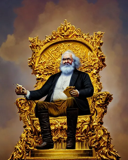 Image similar to oil painting of Karl Marx, sitting on golden throne, wearing golden crown, proud look, full body, sharp focus, fantasy style, octane render, volumetric lighting, 8k high definition, by greg rutkowski, highly detailed, trending on art Station, magic the gathering artwork, woodland backround