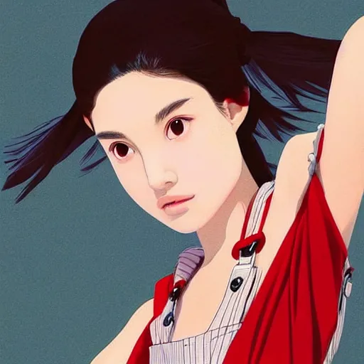 Image similar to a beautiful young japanese natalie portman alluring gravure model, wearing elegant designer overalls made by natives, elegant overalls with mesoamerican patterns, mesoamerican native street fashion, princess mononoke, by and wlop and ilya kuvshinov and artgerm and, aesthetic, gorgeous, stunning, alluring, attractive, artstation, pinterest, digital art