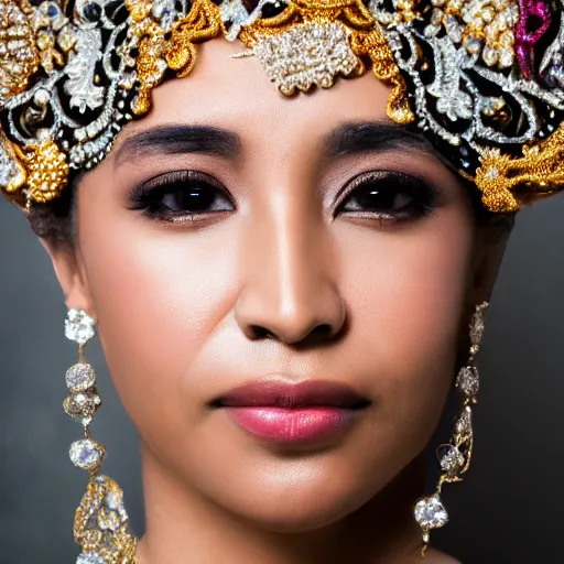 Image similar to close shot portrait of a lavish woman of society, wearing embellished jewelry and attire with woven flourishes, learned gaze in the eyes, bokeh, light from top right, diverse textures