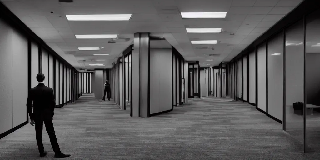Prompt: a man standing in an office building, cubicles, cinematic, anamorphic lens, atmospheric, cinematography by greig fraser
