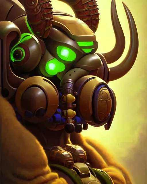 Prompt: orisa from overwatch, ram horns, happy, smiling, character portrait, portrait, close up, highly detailed, intricate detail, amazing detail, sharp focus, vintage fantasy art, vintage sci - fi art, radiant light, caustics, by boris vallejo