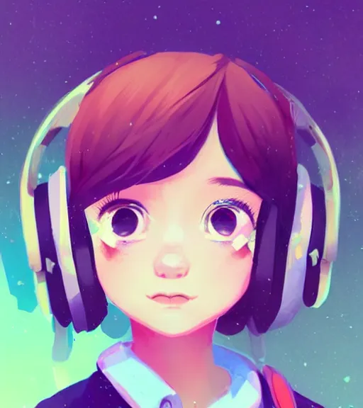 Image similar to beautiful little girl character inspired by 9 0's fashion and by madeline from celeste, art by rossdraws, wlop, ilya kuvshinov, artgem lau, sakimichan and makoto shinkai, concept art, headphones