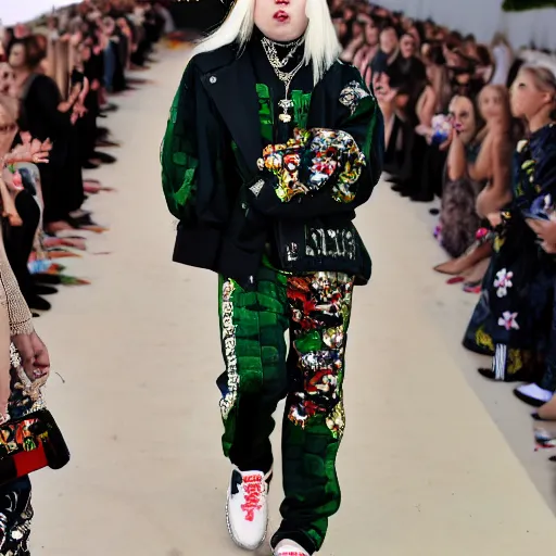 Image similar to Billie Eilish wearing gucci clothes during a fashion walk, award-winning photography, 4k