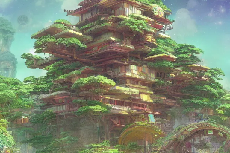 Image similar to solarpunk kowloont by frank lloyd wright, still from studio ghibli anime movie, cyberpunk tree house, digital art, artgerm, trending on artstation