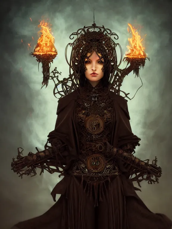 Image similar to dark evil steampunk pyromancer woman, detailed facial features, ornamental halo, black shirt, brown body, coat, intricate robes, sitting on obsidian throne, fractal fire background, sharp focus, highly detailed, cinematic lighting, studio quality, colorful, smooth render, unreal engine 5 rendered, octane, rendered, by artgerm, greg rutkowski, alphonse mucha