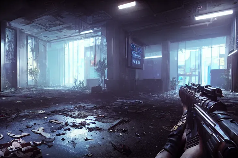 Prompt: a photorealistic first person shooter game trailer on a abandoned cyberpunk shopping mall, cinematic lightning, ray tracing, unreal engine, photorealistic fps game concept art, detailed, dark, moody, foggy