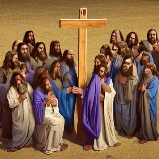 Prompt: a photo of jesus of nazareth and his 1 2 apostles taken with a selfie stick in front of a cross