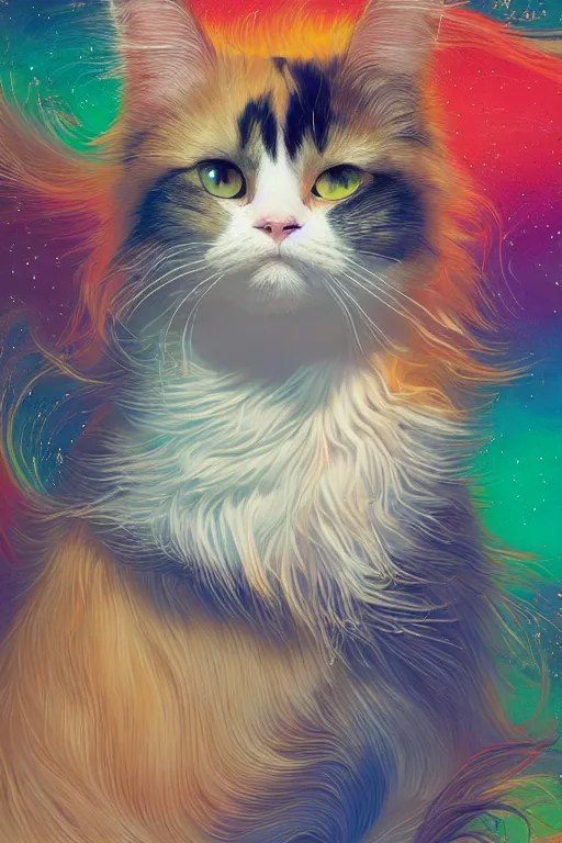 Adorably cute longhair calico Diffusion cat portrait, OpenArt horizontal | Stable 