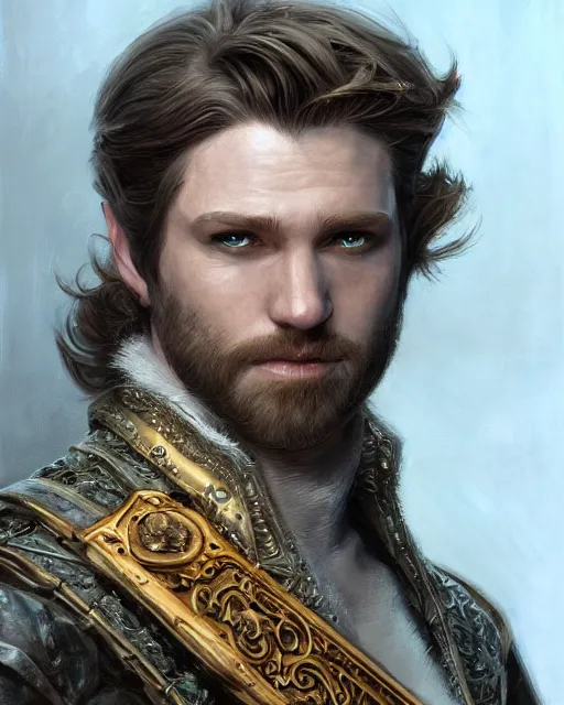 Image similar to white male rogue bard portrait, highly detailed, very intricate, cinematic lighting, closeup painted portrait, by donato giancola and rossdraws and magali villenueve, featured on artstation