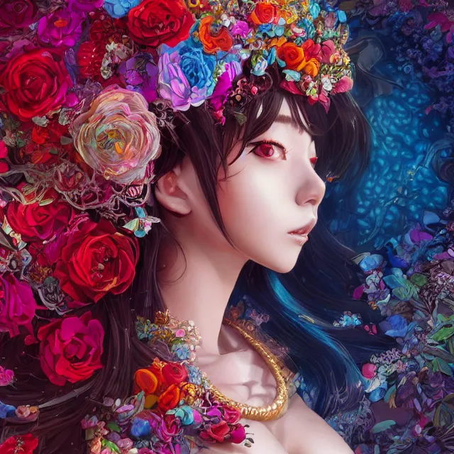 Image similar to studio portrait absurdly beautiful, elegant, lovely, young hypercolorful sensual anime woman rubies red petals gems, ultrafine hyperrealistic detailed face illustration by kim jung gi, irakli nadar, intricate linework, sharp focus, bright colors, matte, octopath traveler, final fantasy, unreal engine highly rendered, global illumination, radiant light, intricate rainbow environment