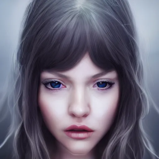 Image similar to a stunning artstation style portrait painting of grace charis, in the style of WLOP, eyes completely white, 8k masterpiece, curvy, slim build, full body, wide view cinematic lighting, pristine clean design, realistic, irresistable, insanely detailed, photo overlay of hypnotic spiral,