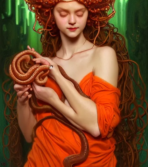 Image similar to portrait of teenage medusa, snake hair, naughty smile, wearing an embroidered orange tunic, intricate, sensual, elegant, copper and emerald jewelry, glowing lights, seductive, highly detailed, digital painting, artstation, concept art, smooth, sharp focus, illustration, art by wlop, mucha, artgerm, and greg rutkowski