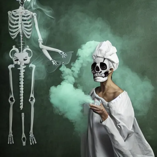 Prompt: woman in hospital room. Holding bottle made of skull. Poisonous green smoke comes out of a botlle forming dancing skeletons to the air. Woman is wearing white toga made of silk. Glamour photograph. Digital painting - h 768