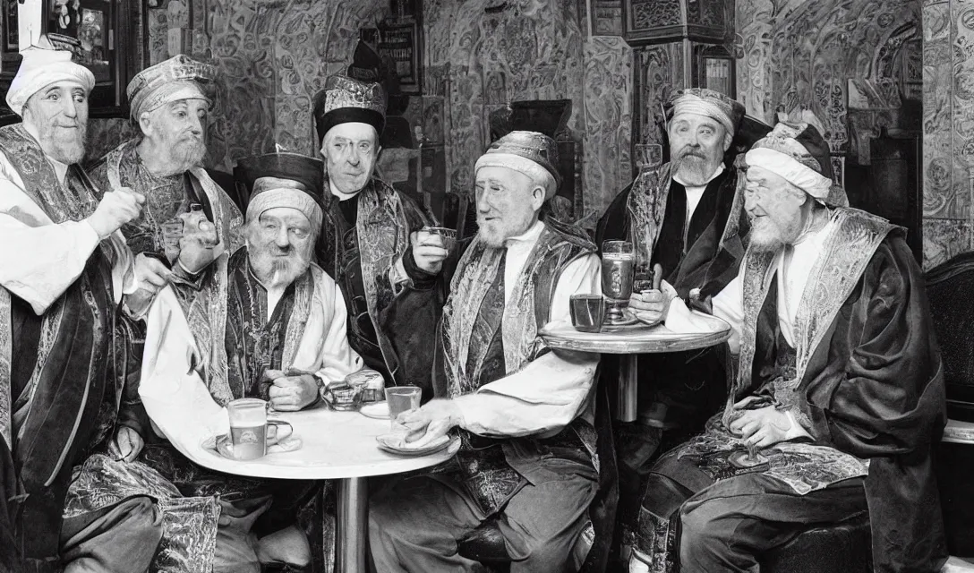 Image similar to the three wise men in period regal clothing in a wetherspoons pub having a pint