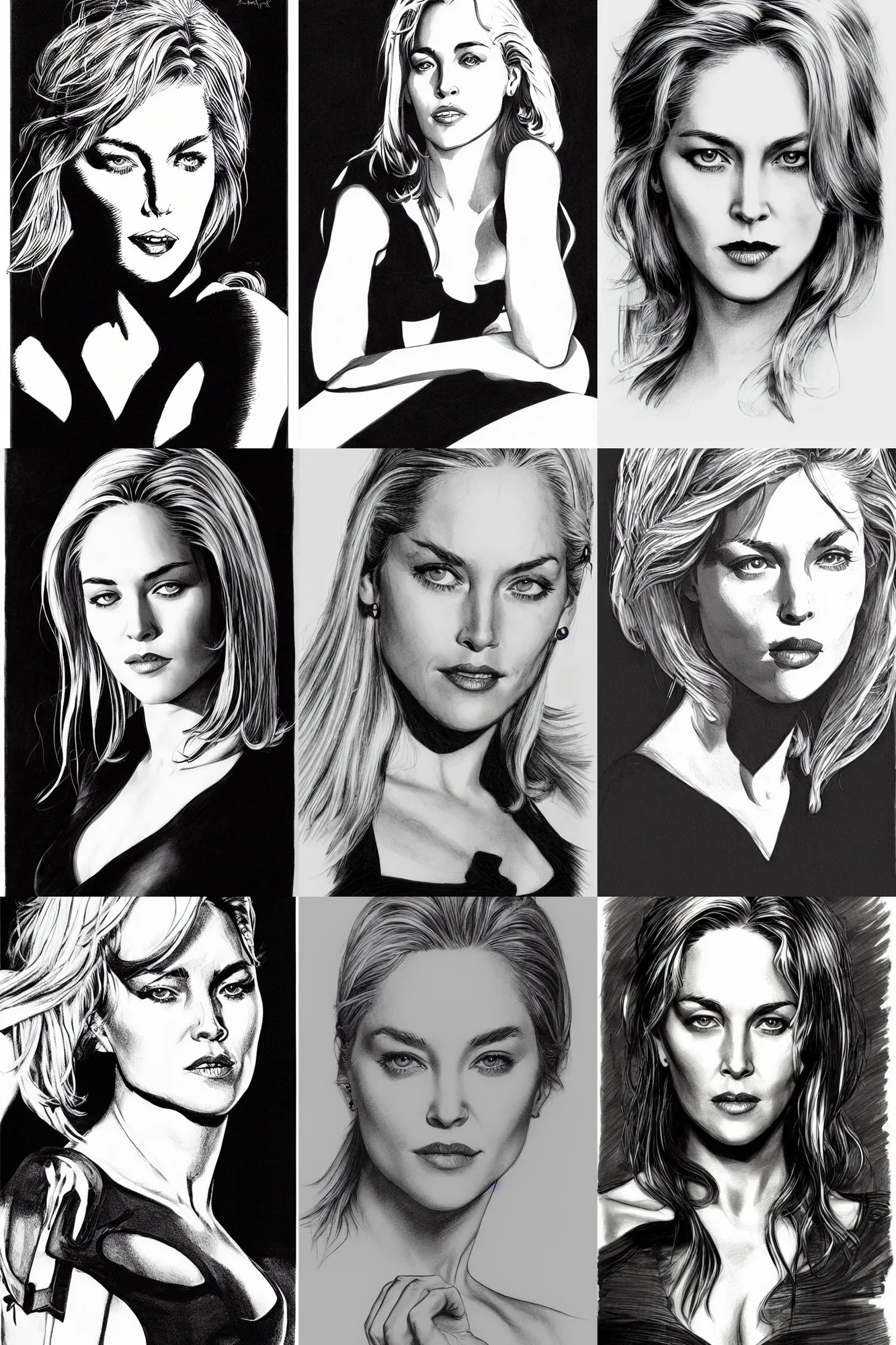 Prompt: black and white pen and ink drawing of young sharon stone, 2 2 years old by rob rey and jesper ejsing, artstation, above lighting, long shadows, as black widow