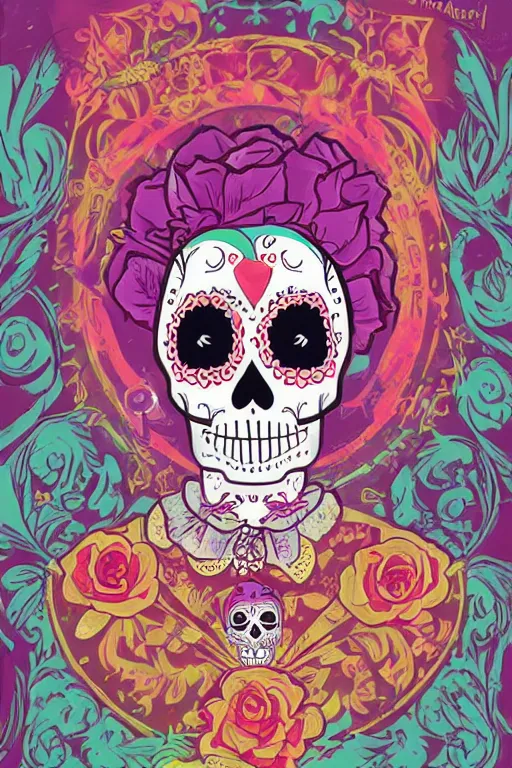 Prompt: Illustration of a sugar skull day of the dead girl, art by james gilleard