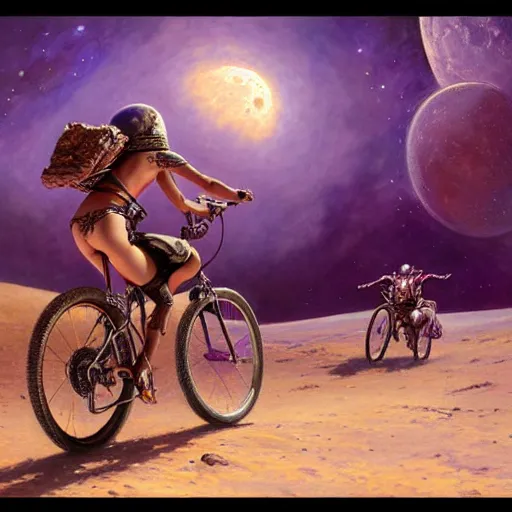 Image similar to a giant purple squid riding bicycle on the moon. highly detailed painting by gaston bussiere, greg rutkowski, j c leyendecker 8 k