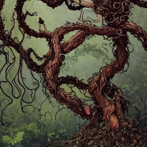 Image similar to anthropomorphic tangle of vines and plant matter. this fantasy creature guards the woods from unwary travelers. similar to a treant or forest spirit. By rebecca guay, by terese nielsen, by aaron miller, by kieran yanner. trending on artstation. 4k resolution.