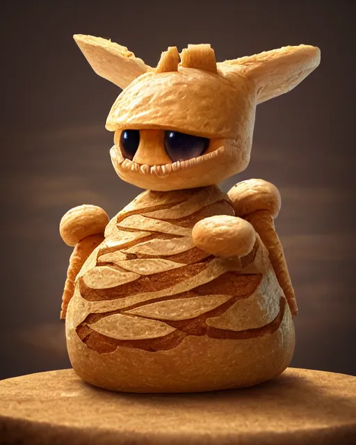 Prompt: detailed creature made of bread, very original, cute and friendly, fantasy house, sitting on the table, high quality, perfect, 8 k high detail, masterpiece, trending on artstation