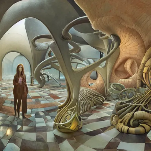 Image similar to detailed face of a woman in a biomorphic courtyard with dna sculptures at a science expo, atmospheric, ambient, pj crook, syd mead, livia prima, artgerm, greg rutkowski, nick alm, casey baugh