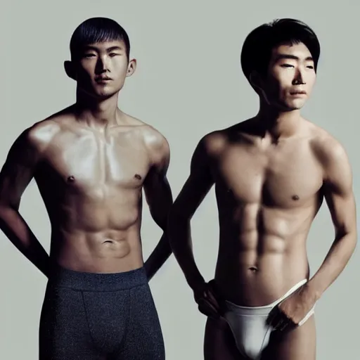 Image similar to a beautiful athletic slim japanese male posing with a beautiful athletic slim mexican male, they are sourrounded by ombre colored mist, award winning photography by annie leibovitz for paper magazine