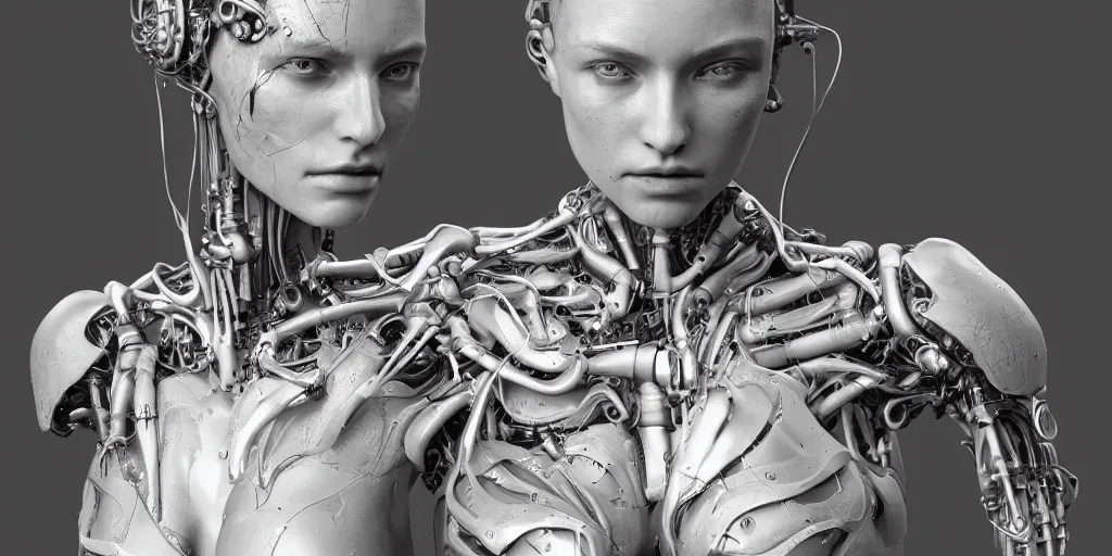 Prompt: photorealistic gorgeous symmetrical female cyborg, holding intimately, highly detailed, intricate detailing, torso, neck, knees, in the style of, beth cavener, jin kagetsu, wlop, masterpiece, concept art, high key lighting, ambient lighting, octane render, 8 k, artstation